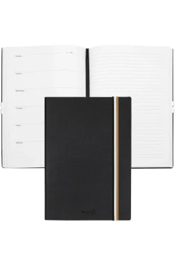A5 black faux-leather notebook with signature-stripe strap