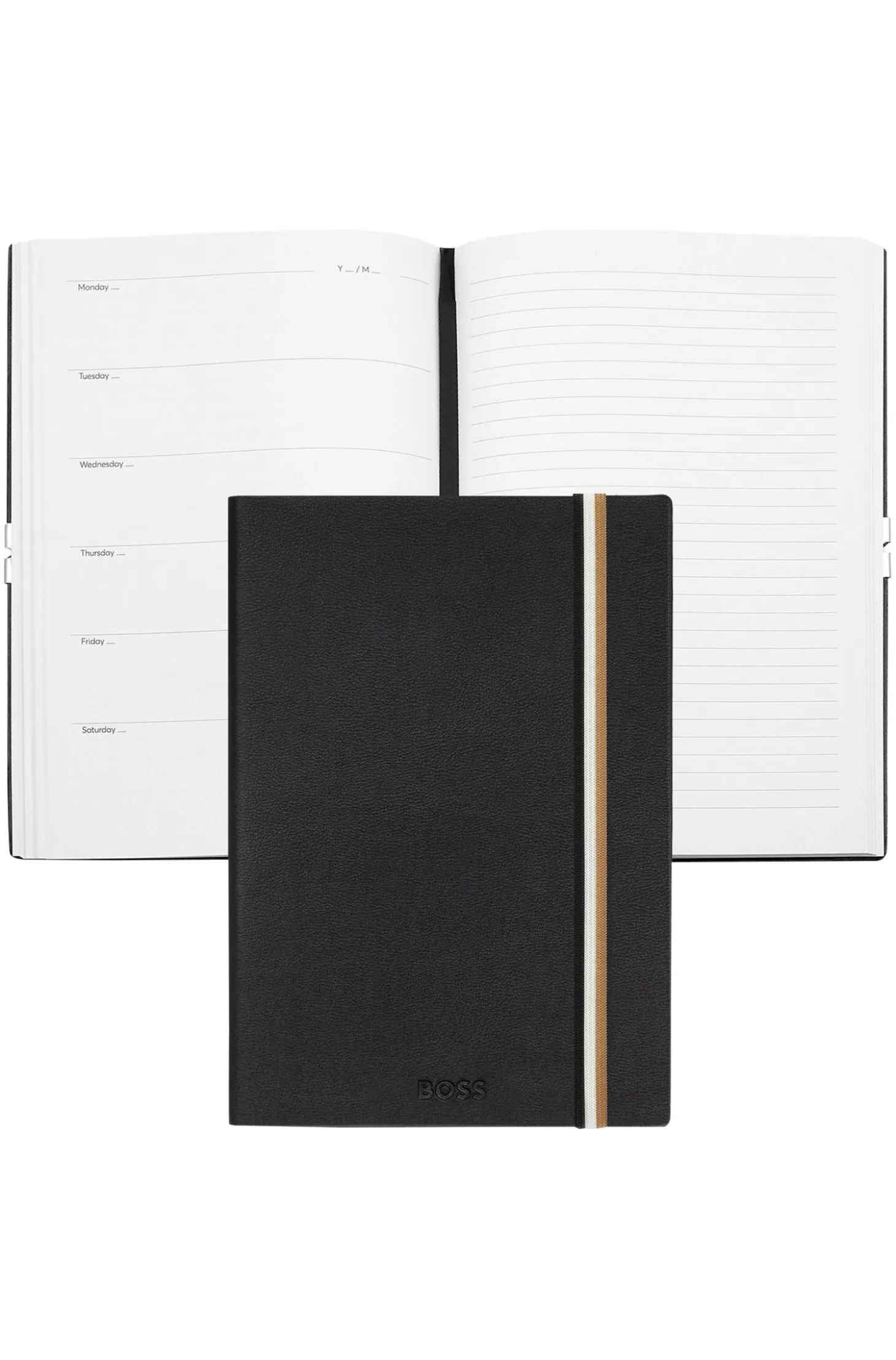 A5 black faux-leather notebook with signature-stripe strap
