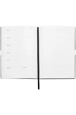A5 black faux-leather notebook with signature-stripe strap