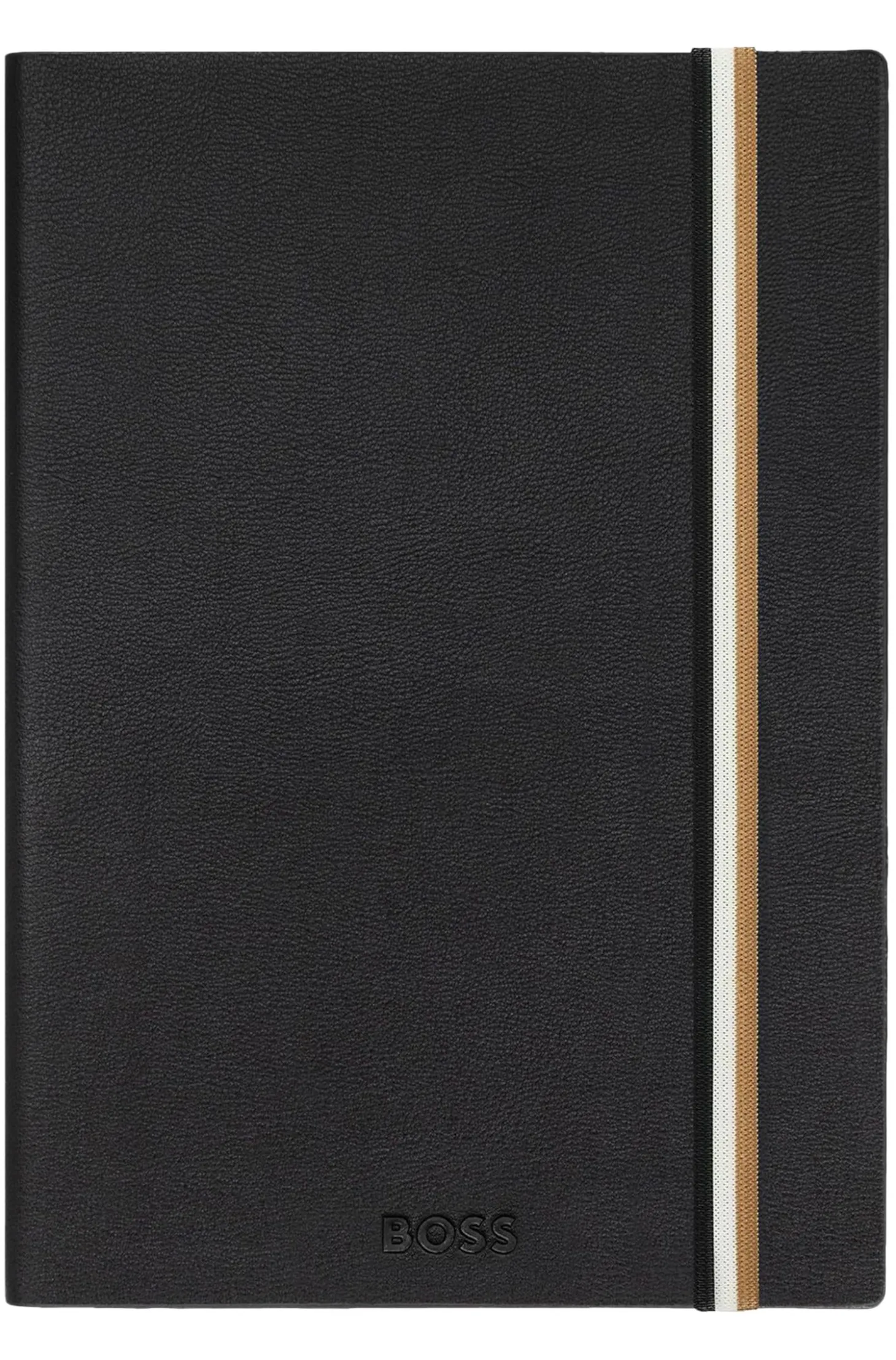 A5 black faux-leather notebook with signature-stripe strap