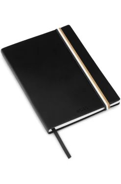 A5 black faux-leather notebook with signature-stripe strap