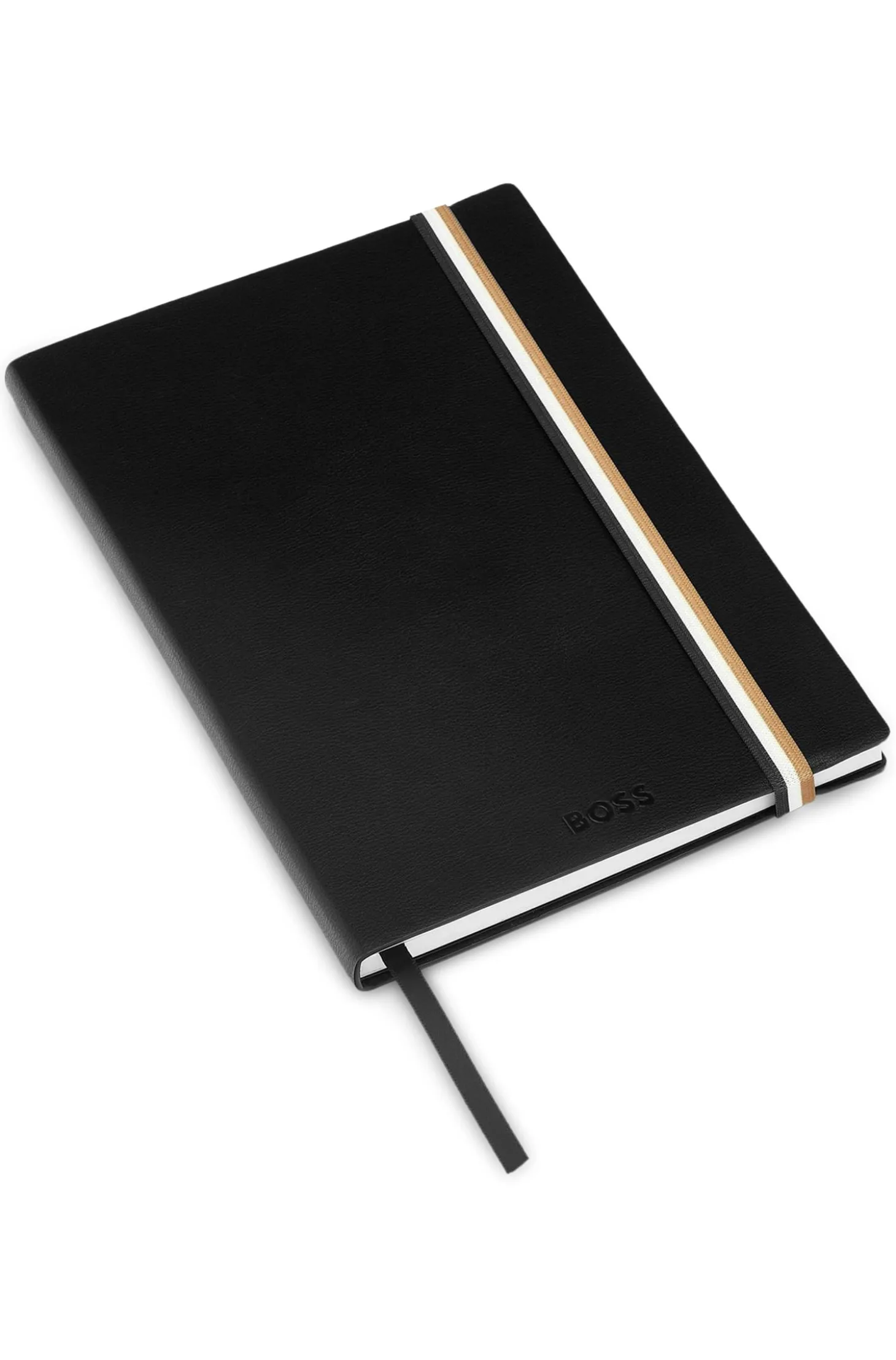 A5 black faux-leather notebook with signature-stripe strap