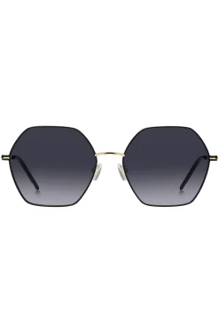 Angular sunglasses in black and gold-tone steel