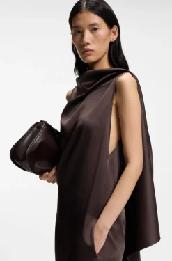 Asymmetric sleeveless dress in draped sable satin
