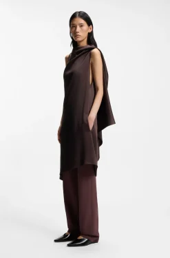 Asymmetric sleeveless dress in draped sable satin