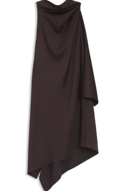 Asymmetric sleeveless dress in draped sable satin