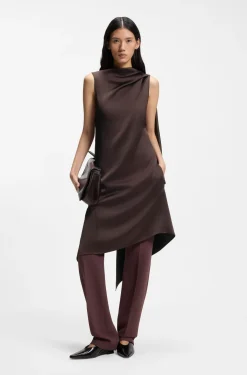 Asymmetric sleeveless dress in draped sable satin