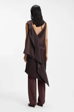 Asymmetric sleeveless dress in draped sable satin