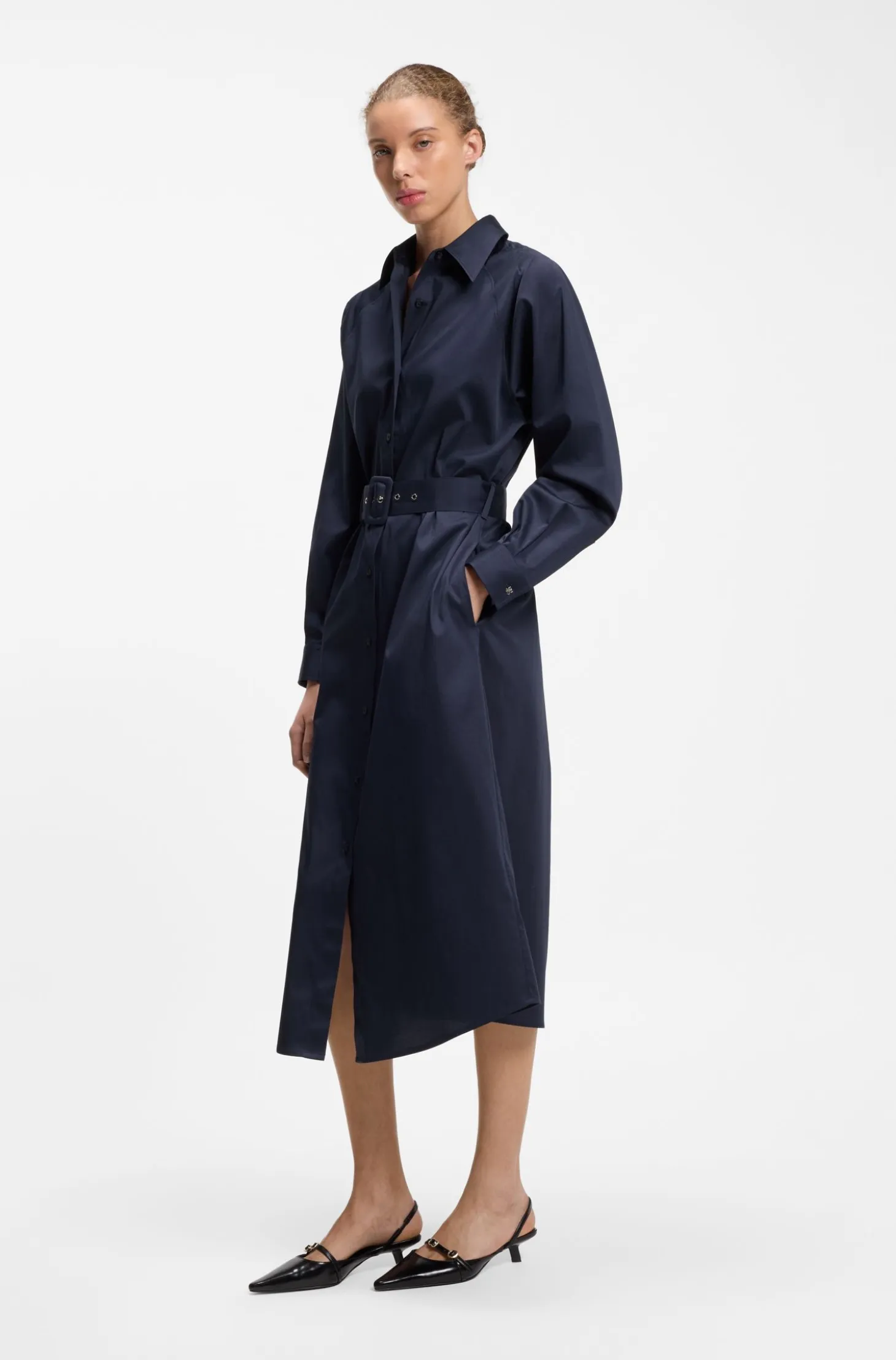 Belted maxi dress in cotton satin