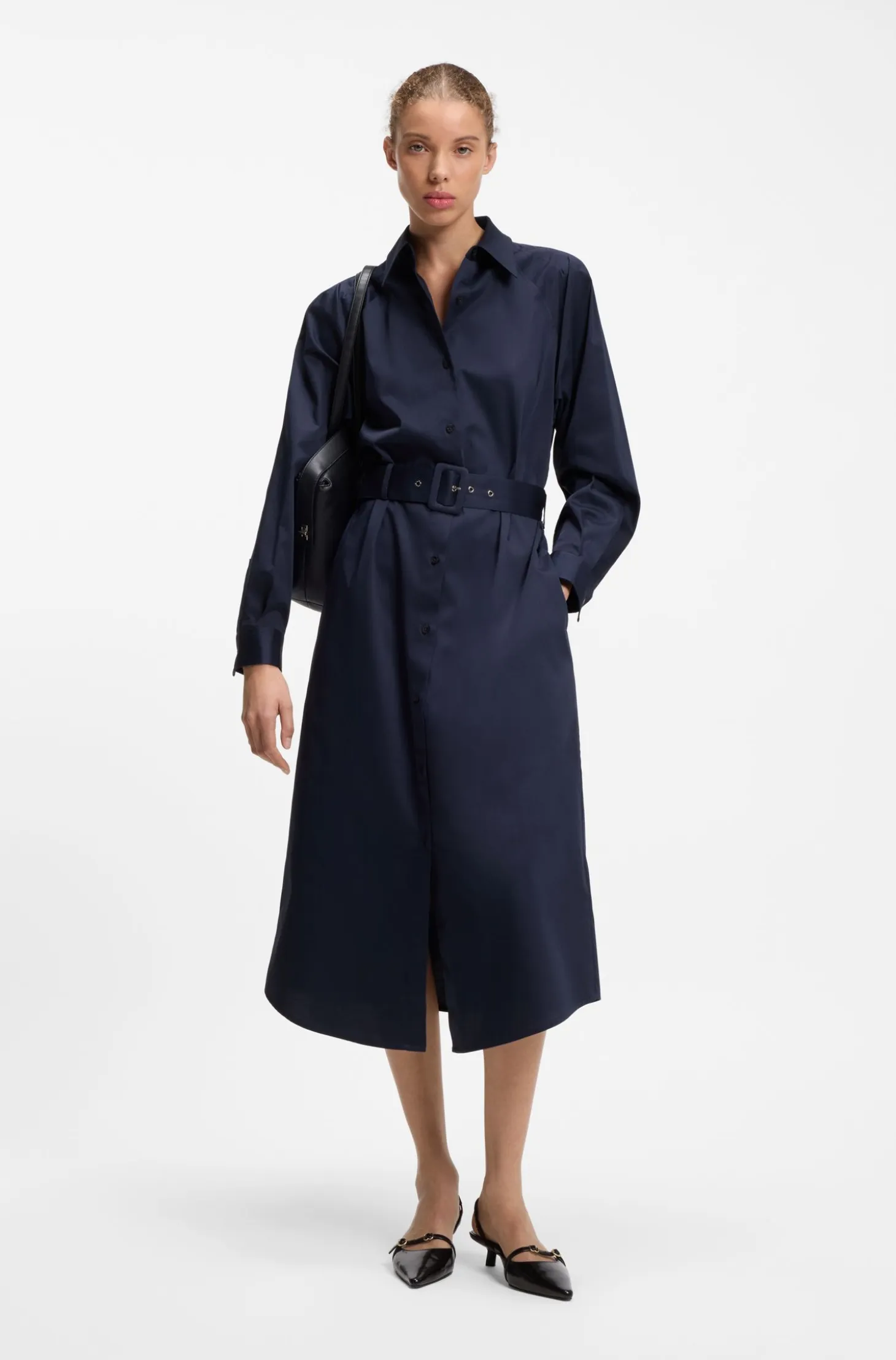 Belted maxi dress in cotton satin