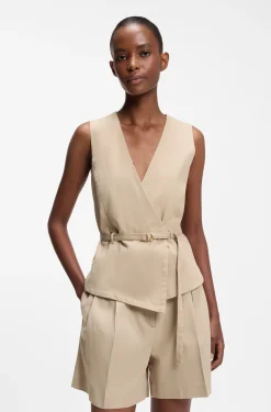 Belted regular-fit vest in cotton and hemp