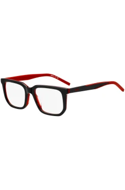 Black-acetate optical frames with red accents