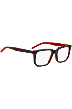 Black-acetate optical frames with red accents
