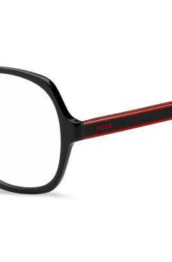 Black-acetate optical frames with signature-red layered temples