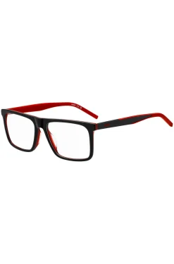 Black-acetate optical frames with red accents