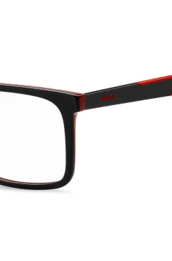 Black-acetate optical frames with red accents