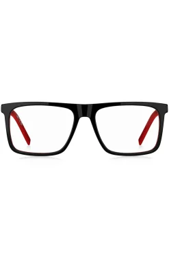 Black-acetate optical frames with red accents