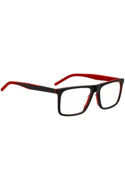 Black-acetate optical frames with red accents
