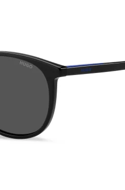 Black-acetate sunglasses with blue logo