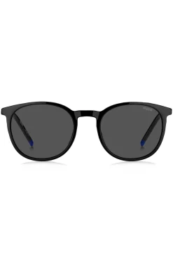 Black-acetate sunglasses with blue logo