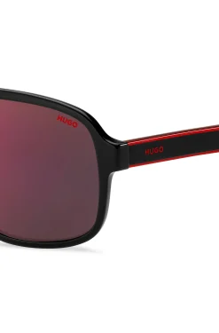 Black-acetate sunglasses with red shaded lenses