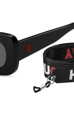 Black-acetate sunglasses with detachable slogan strap