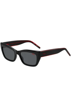 Black-acetate sunglasses with signature-red layered temples