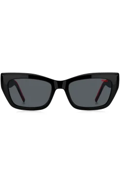 Black-acetate sunglasses with signature-red layered temples
