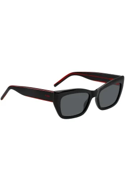 Black-acetate sunglasses with signature-red layered temples