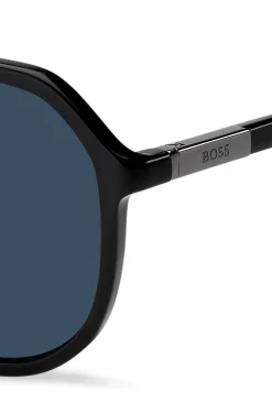Black-acetate sunglasses with metallic logo insert