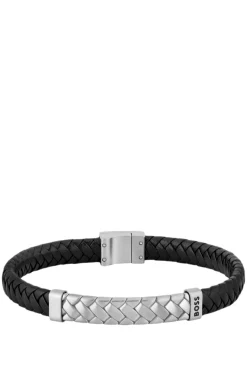 Black braided-leather cuff with herringbone hardware