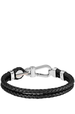 Black braided-leather cuff with silver-tone carabiner closure