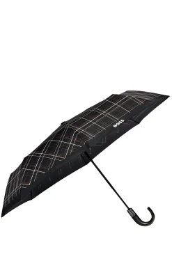Black checked pocket umbrella with faux-leather handle