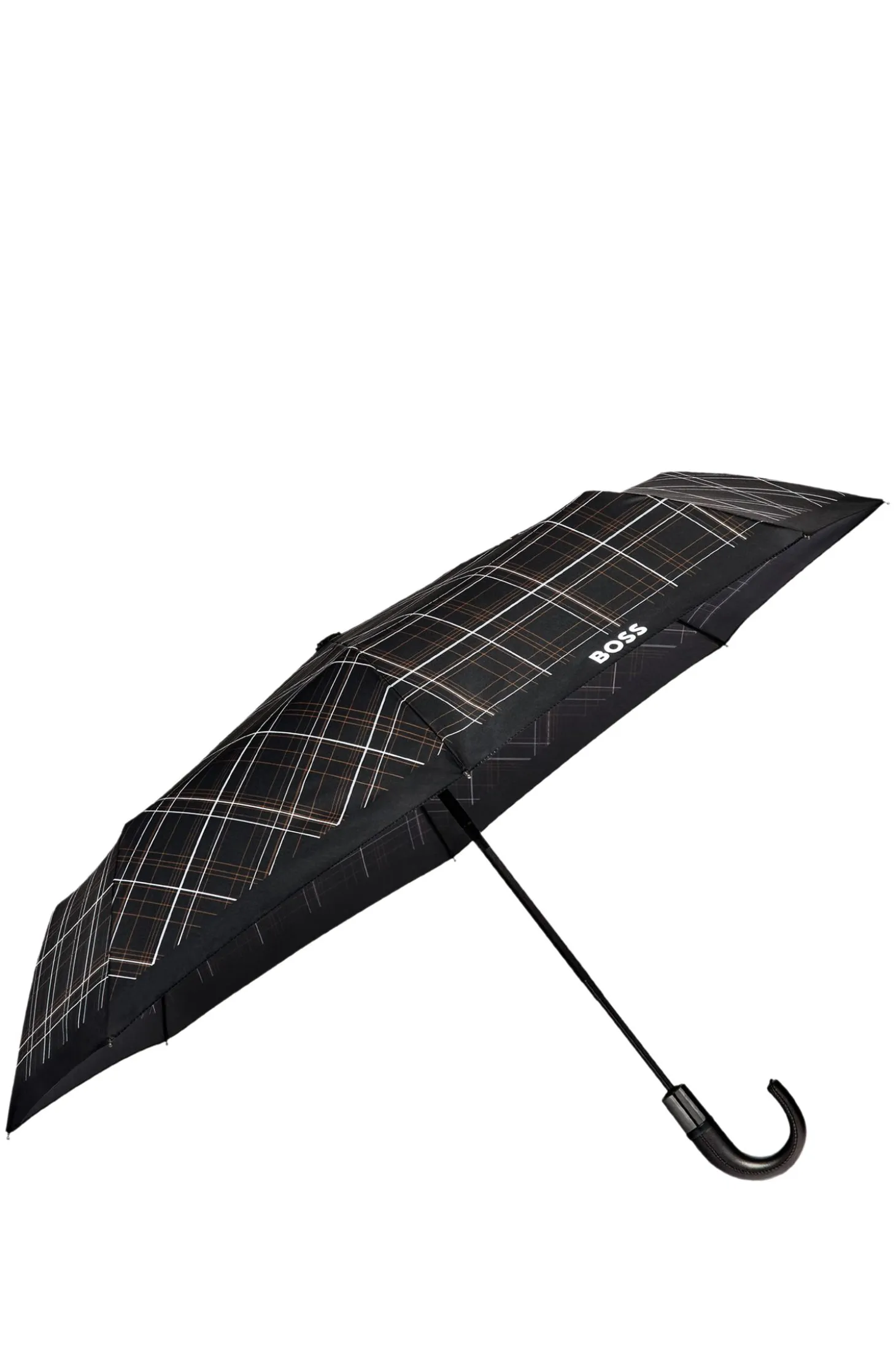 Black checked pocket umbrella with faux-leather handle