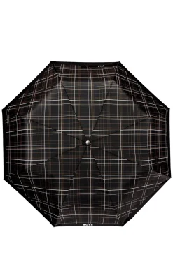 Black checked pocket umbrella with faux-leather handle