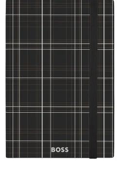 Black check-print A5 notebook with silver-foil logo