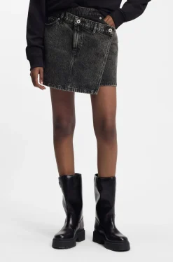 Black-denim skirt with asymmetric waistband