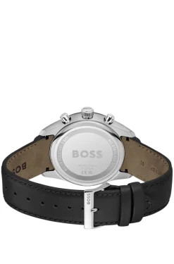 Black-dial chronograph watch with leather strap