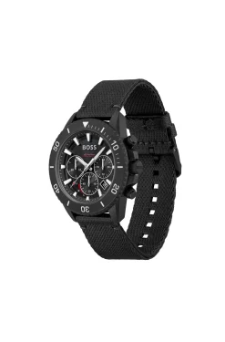 Black-dial chronograph watch with fabric strap