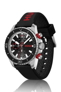 Black-dial watch with branded silicone strap