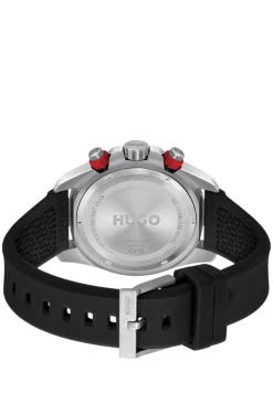 Black-dial watch with branded silicone strap