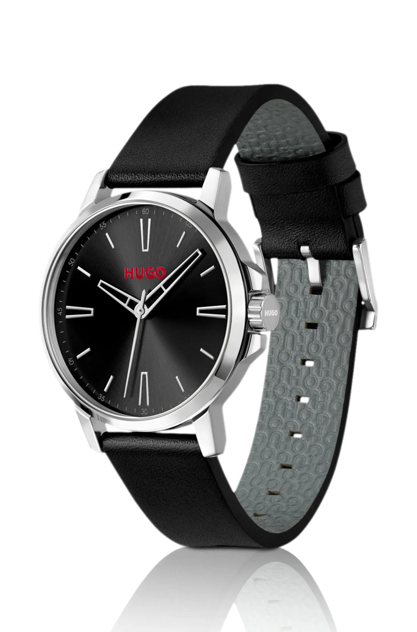 Black-dial watch with leather strap