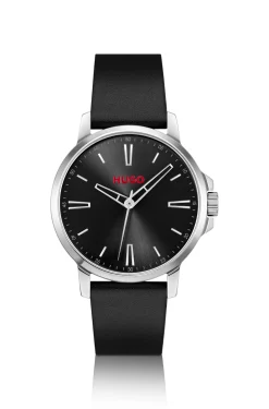 Black-dial watch with leather strap