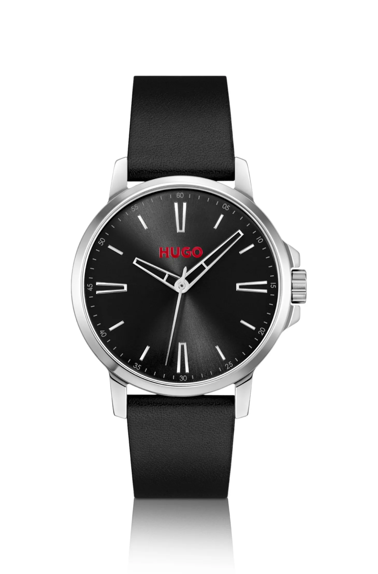 Black-dial watch with leather strap
