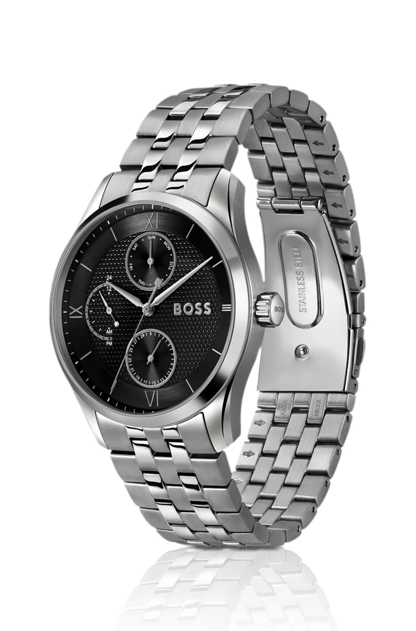 Black-dial watch with multi-link bracelet