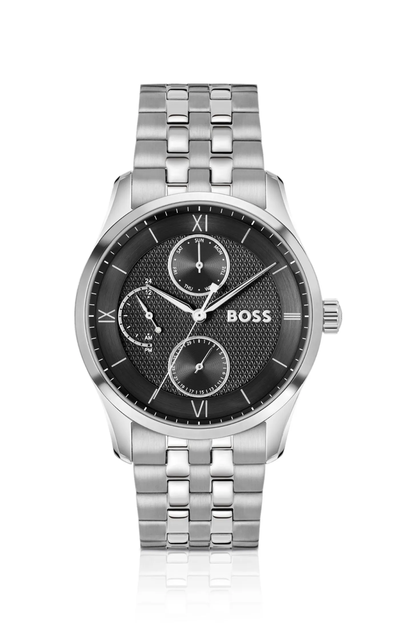 Black-dial watch with multi-link bracelet