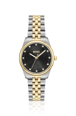 Black-dial watch with two-tone bracelet
