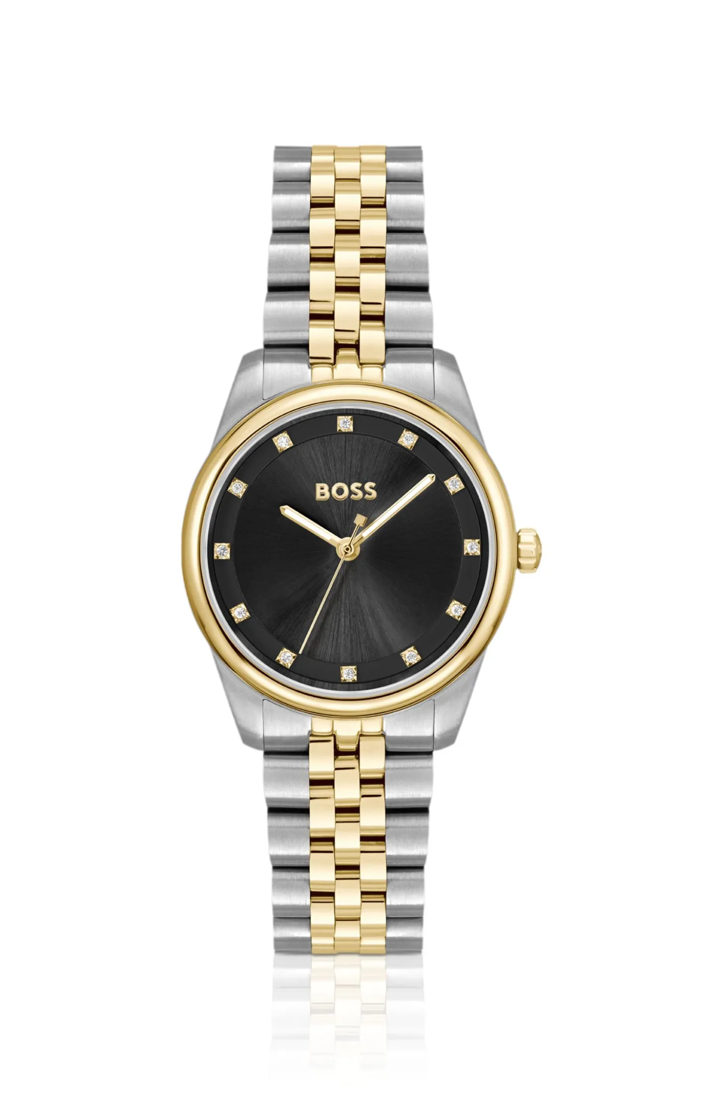 Black-dial watch with two-tone bracelet