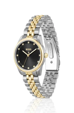 Black-dial watch with two-tone bracelet