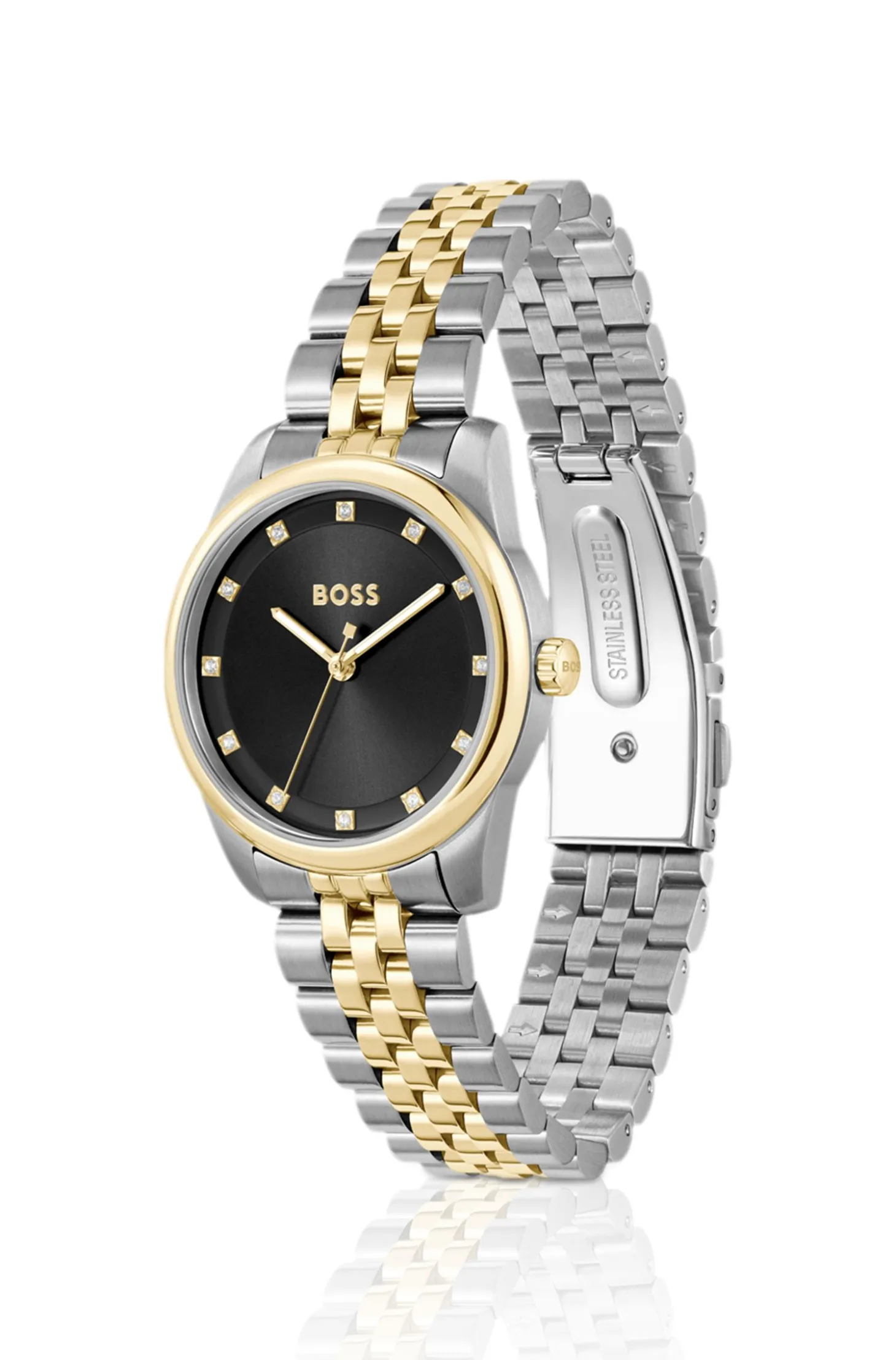 Black-dial watch with two-tone bracelet